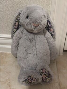 Silver blossom  Plush Bunny jellycat with Floral Ear and Paw Accents